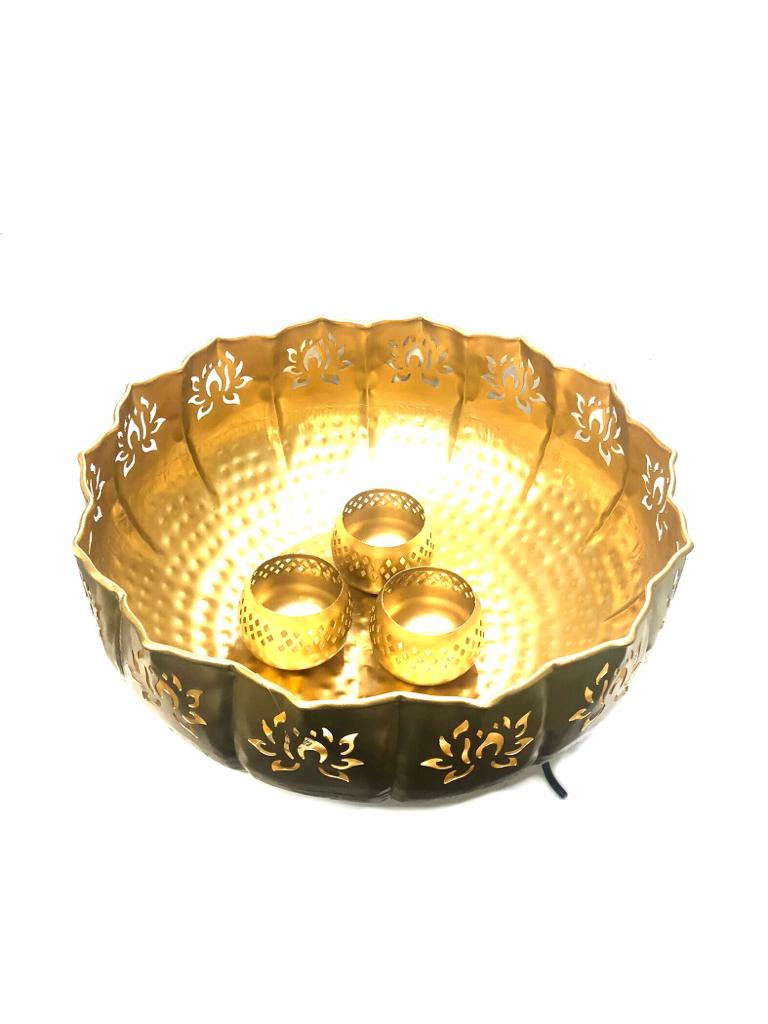 Golden Carving Lotus Metal Flower Pot Urli With Tea Light Holder By Tamrapatra