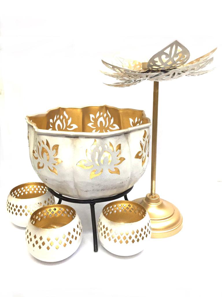 Kamal White Urli With Carving Stand In Various Sizes With Holder By Tamrapatra