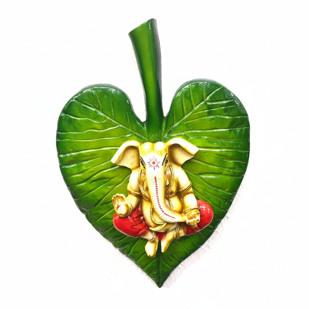 Designer Leaf Wall Art With Ganesha Painted With Classic Colors By Tamrapatra - Tamrapatra