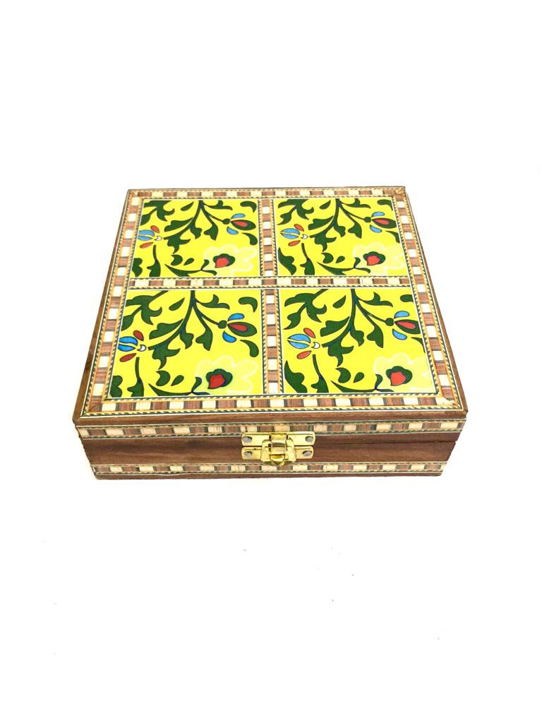 4 Tiles Blue Pottery Wooden Storage Box Handcrafted With Love Tamrapatra