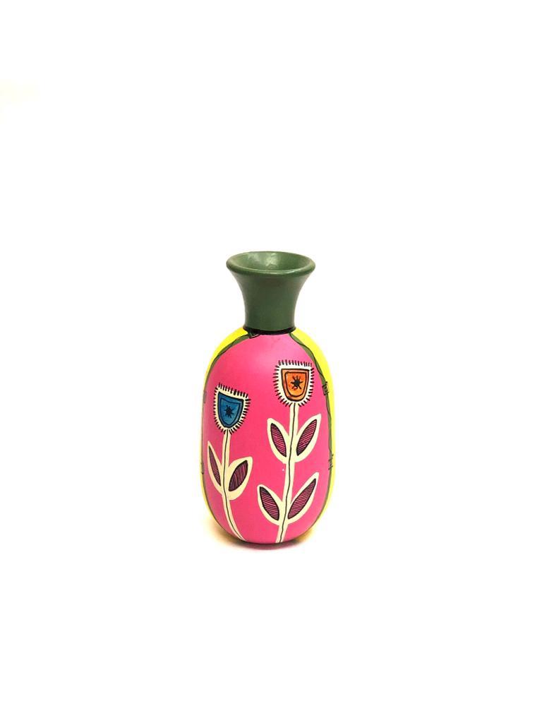 Magenta Yellow Terracotta Pots Hand Painted With Floral Design By Tamrapatra
