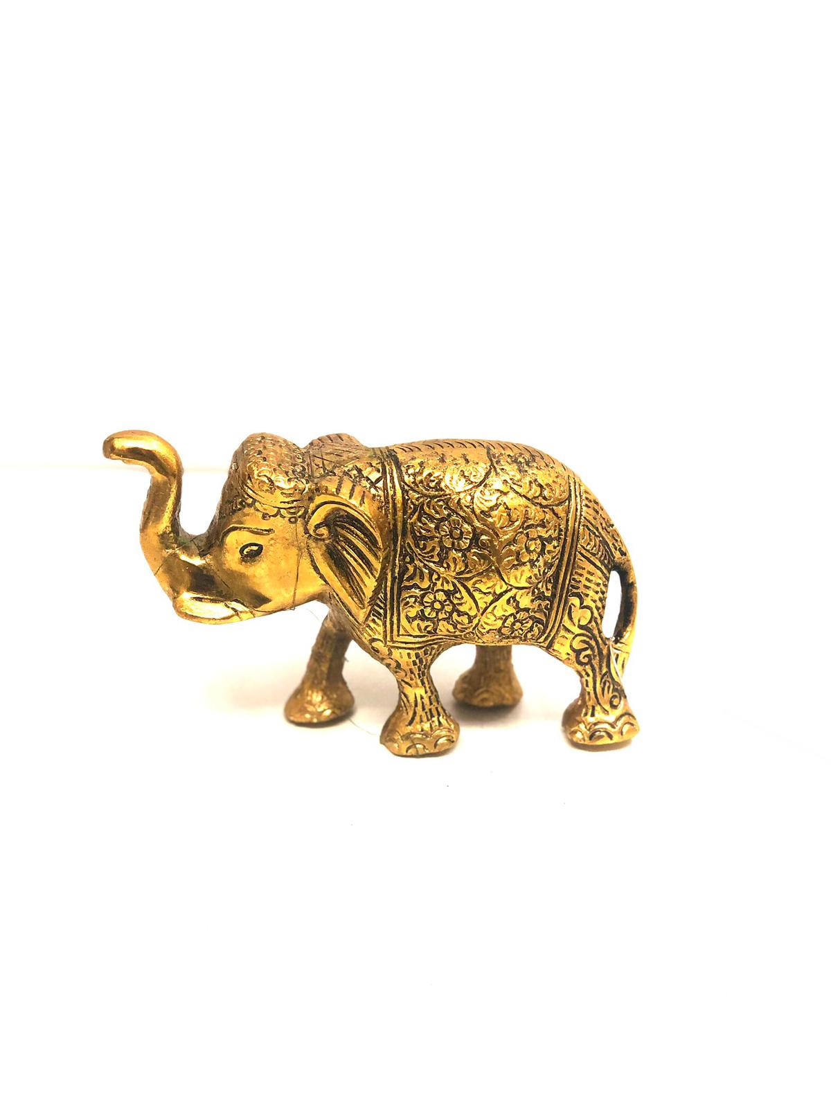 Elephant Metal Carving Handcrafted Up Trunk Mighty Animal Décor Tamrapatra