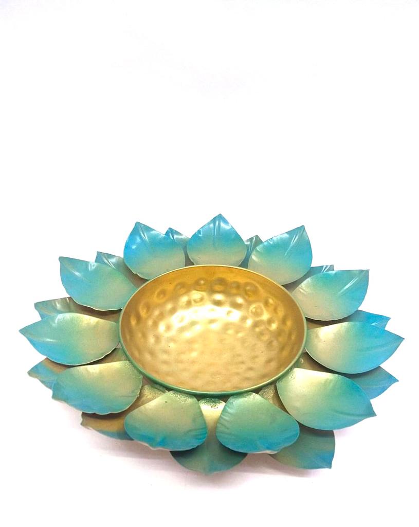 Cyan Blue With Golden Touch Unique Shaded Lotus Style Urli Metal By Tamrapatra
