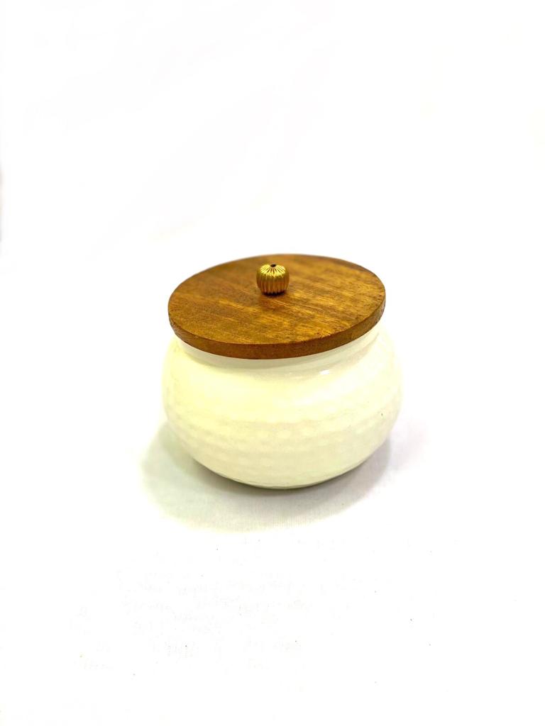 White Metal Jars With Wooden Finish Lids Airtight Containers From Tamrapatra