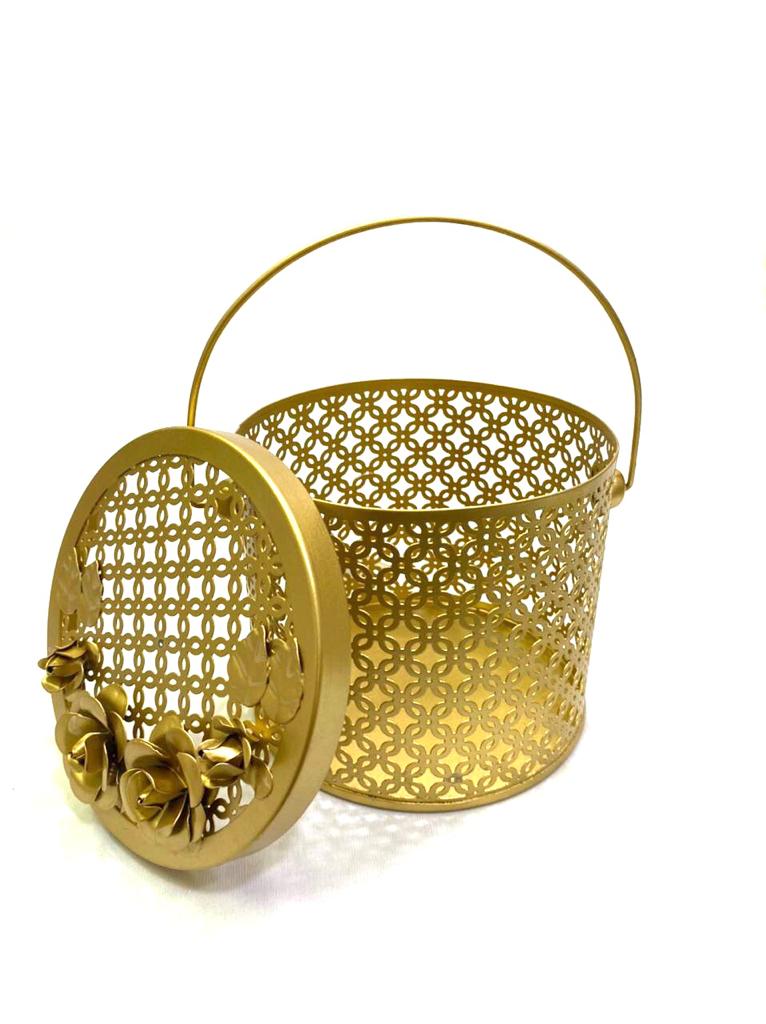 Metal Basket For Gifts Chocolates Bag Style With Flowers On Top By Tamrapatra