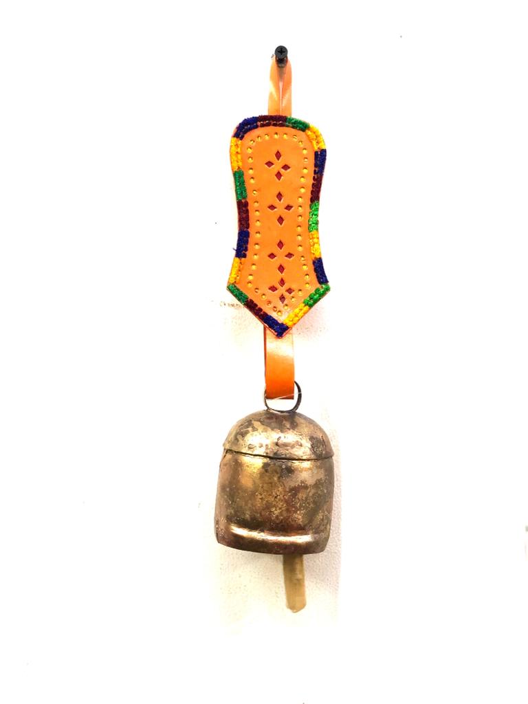 Hanging Metal Bells L Size Decoration With Leather Stitched By Tamrapatra