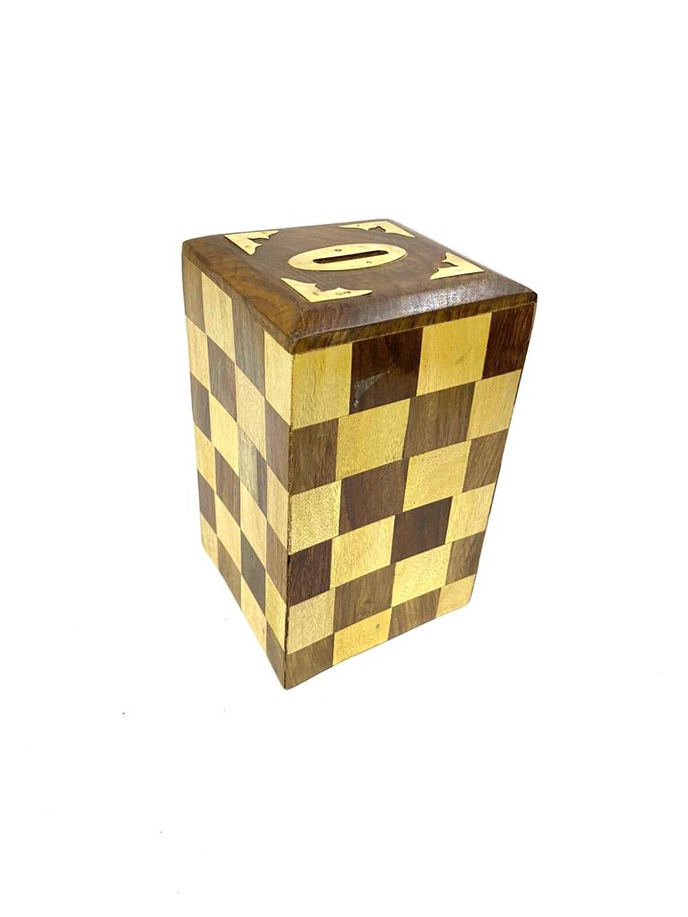 Checkered Money Coin Box For Storage & Savings Wooden Handicrafts Tamrapatra