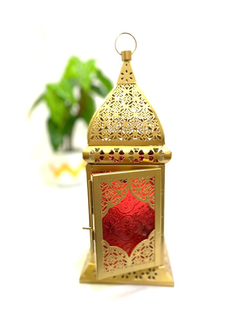 Lantern Gold Painted With Colorful Glass Hanging Candle Holder Tamrapatra
