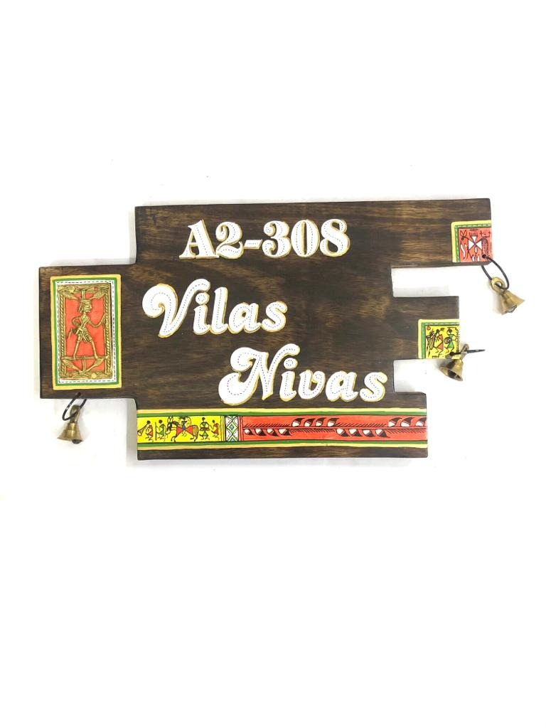 Zig Zag Designer Name Plate With Bells & Brass Figurenes Exclsuive By Tamrapatra