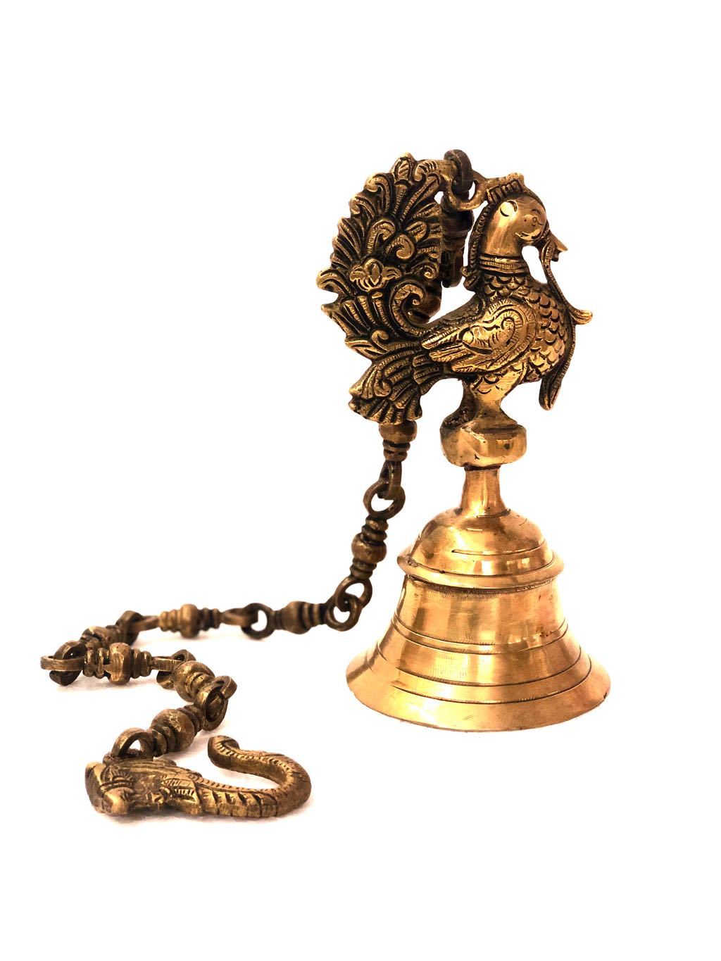 Brass Bell Antique Finish With Peacock & Long Chain Tamrapatra - Tamrapatra