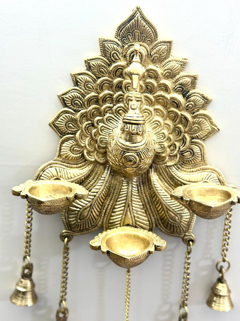 Big Peacock Brass Hangings With Diya Wall Décor Attractive Bells By Tamrapatra