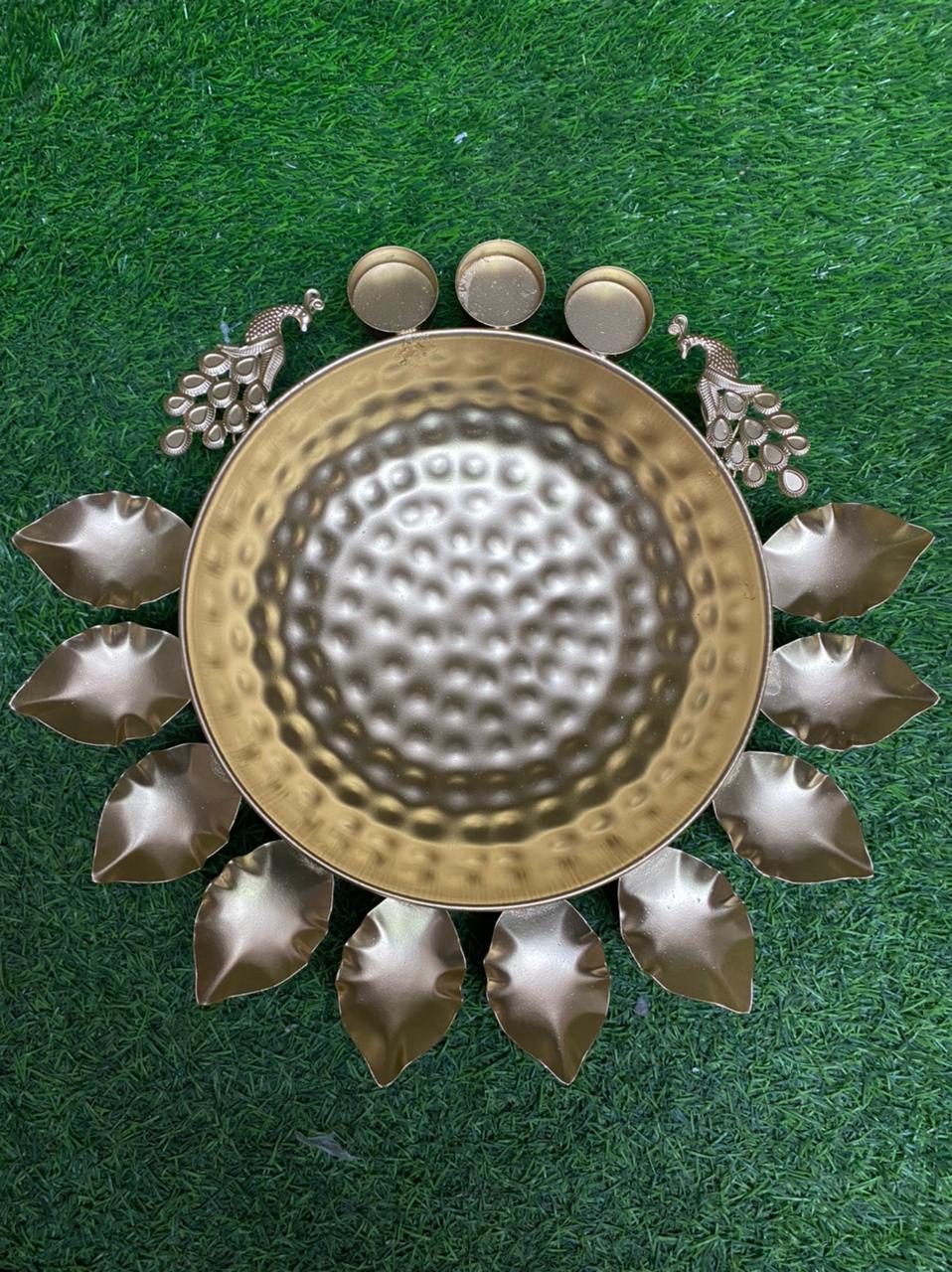 Urli Golden Shade With Peacock & Tealight Holder With Diya From Tamrapatra