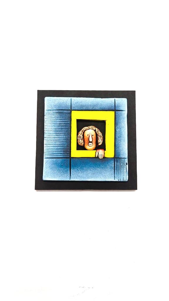 Faces Terracotta  Hangings Lapis Blue With Yellow Theme Wall Art Set Of 4 Tamrapatra
