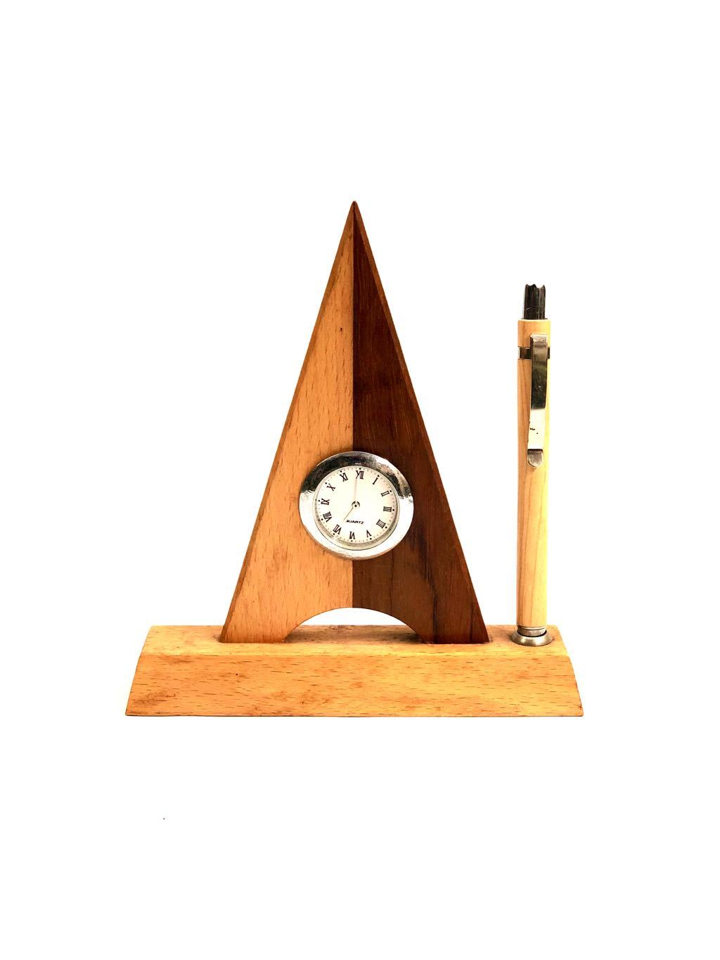 Excellent Quality Wood Stand With Pen & Clock Desk Utility By Tamrapatra