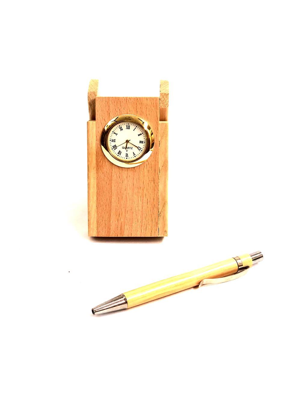 Excellent Quality Wood Stand With Pen & Clock Desk Utility By Tamrapatra