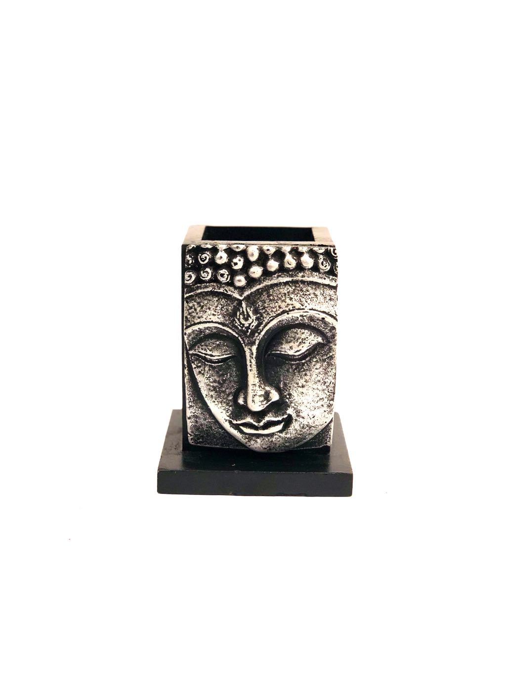 Buddha Sculpture Face On Wooden Pen Stand Modern New By Tamrapatra
