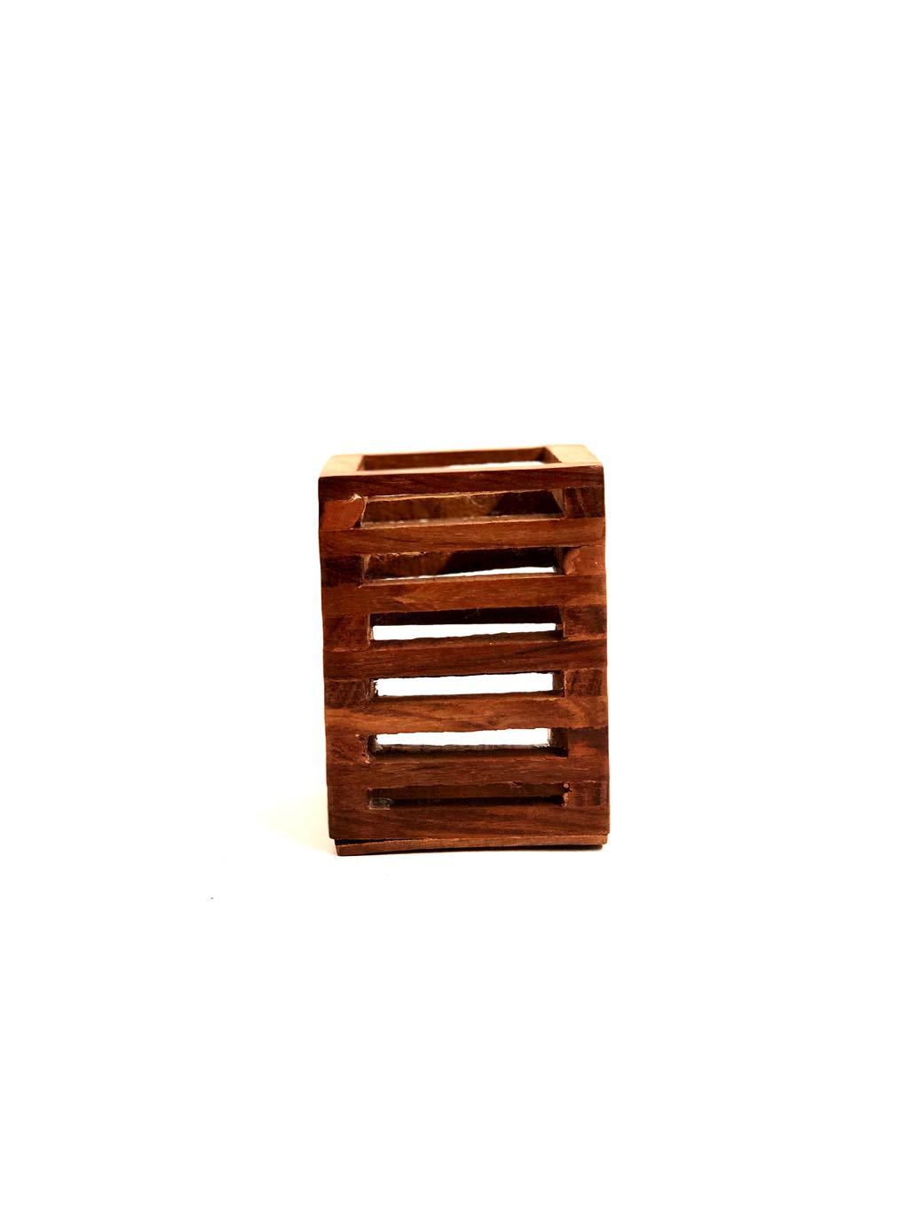 Wooden Finish Pen Stand Classic Brown Strip Style Multipurpose Tamrapatra