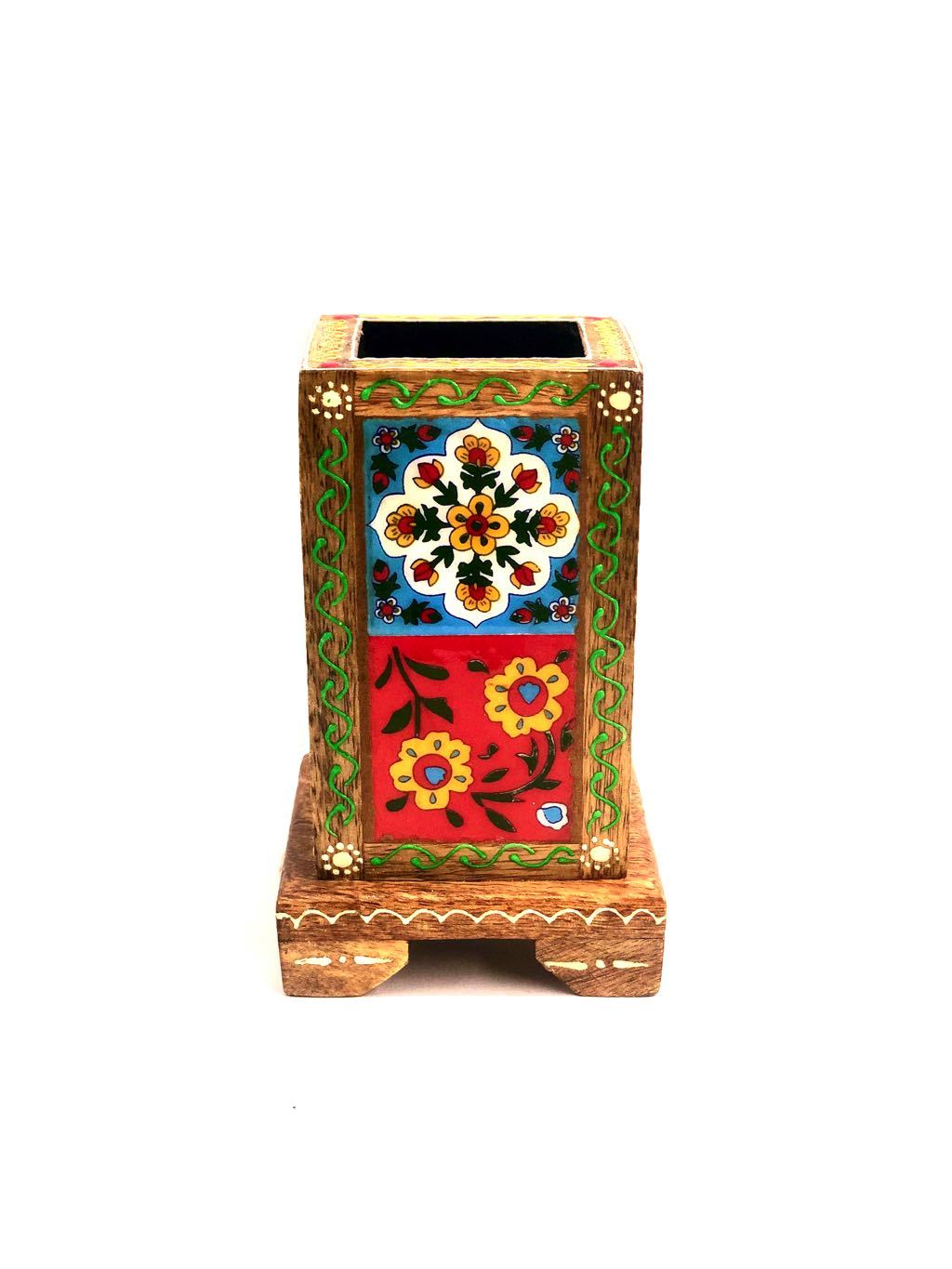 Wooden Pen Stand Utility With Attached Blue Pottery Tiles By Tamrapatra