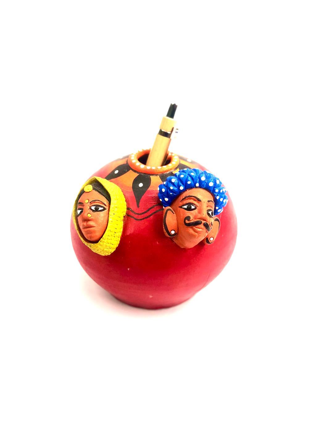 Traditional Indian Couple Face Terracotta Pen Stand Handpainted Tamrapatra