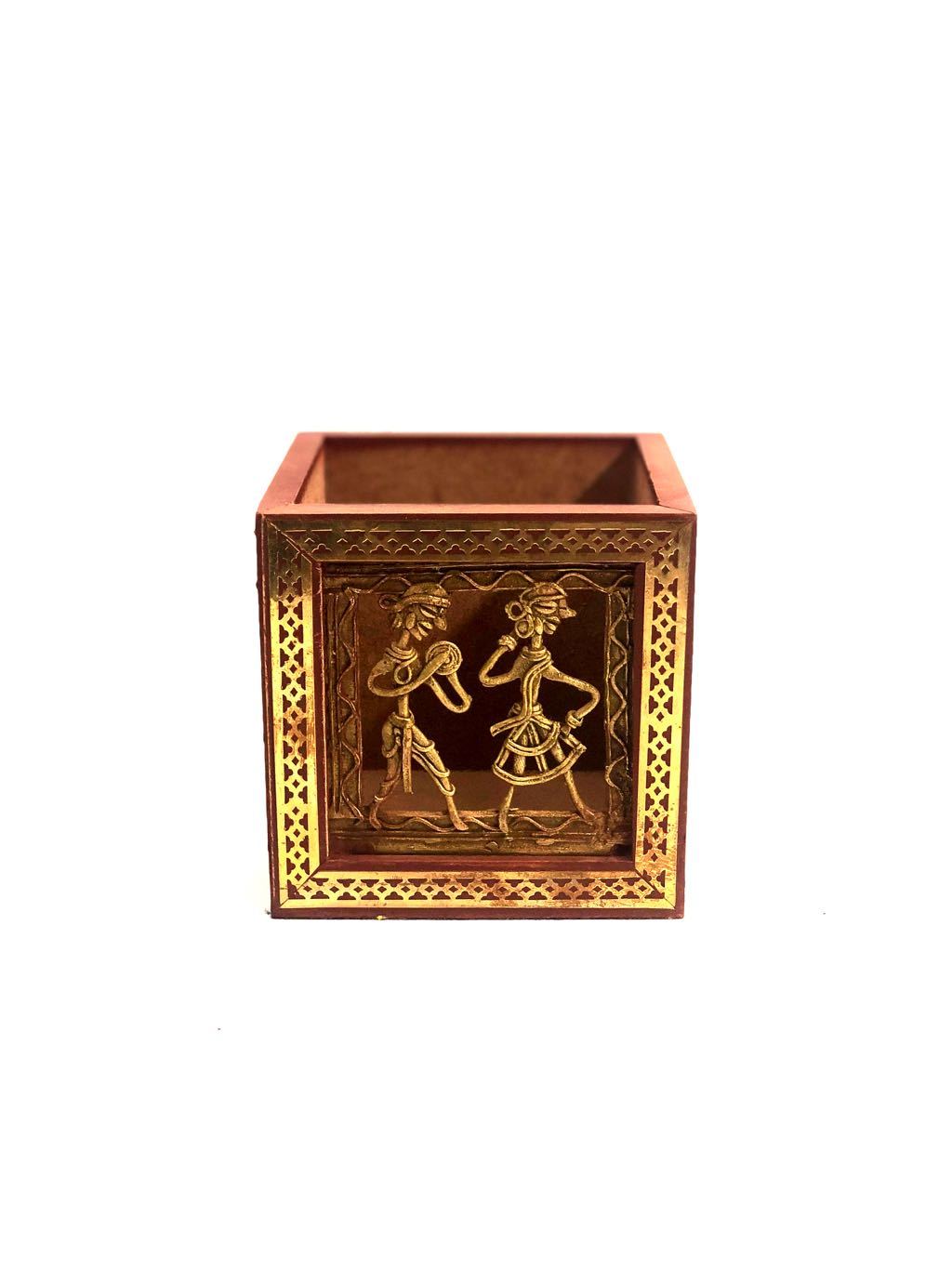 Wooden Square Pen Stand With Dhokra Figures Traditional Art Tamrapatra
