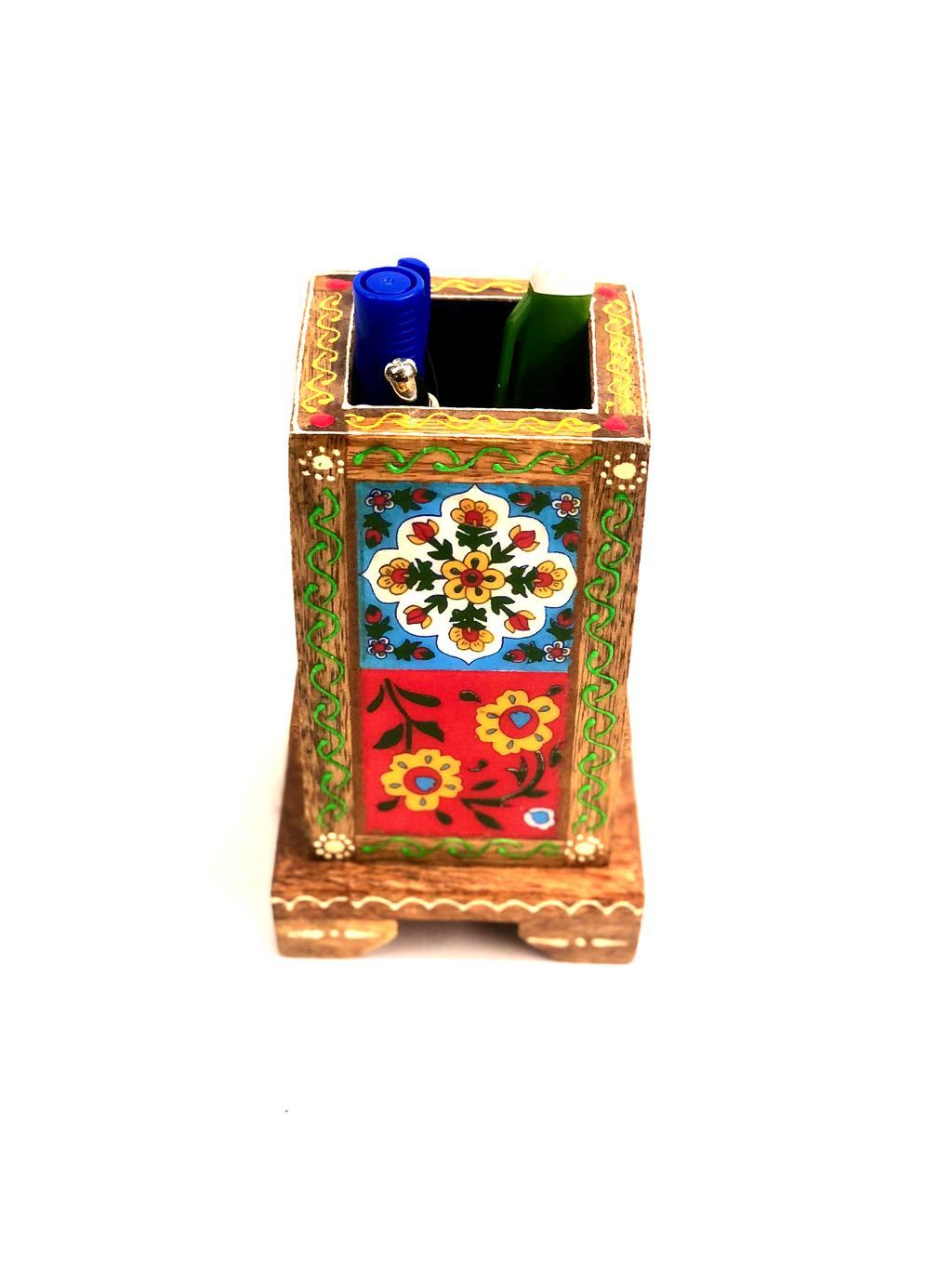 Wooden Pen Stand Utility With Attached Blue Pottery Tiles By Tamrapatra