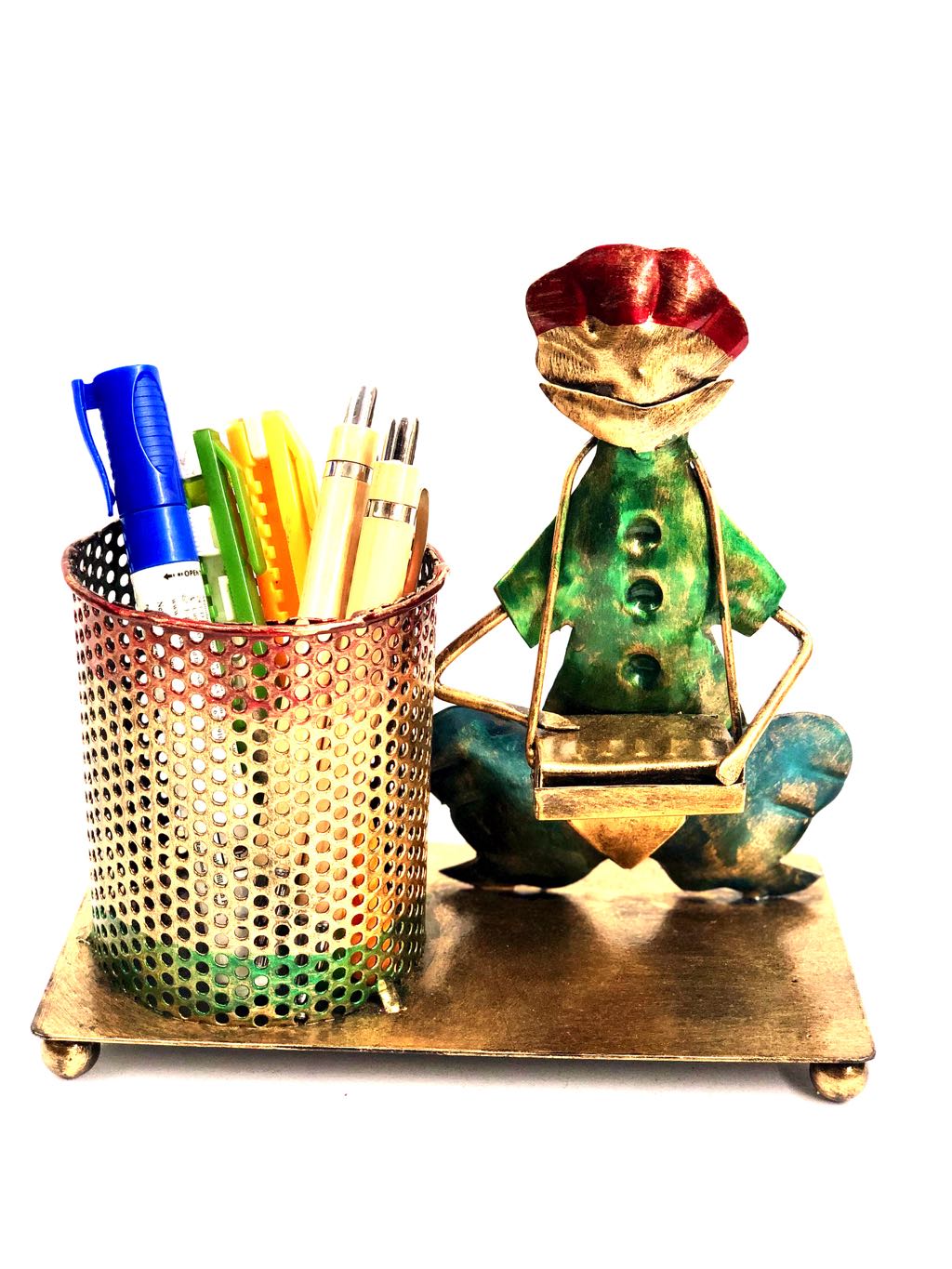 Creative Metal Pen Stand With Man Playing Musical Instrument Tamrapatra