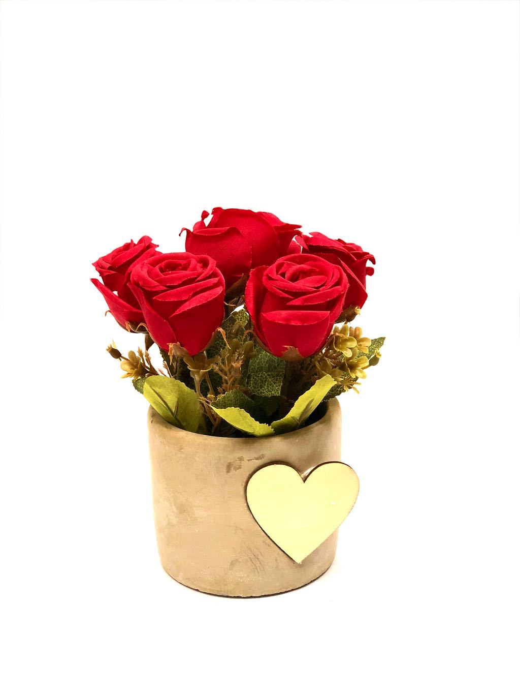 Heart Shaped Wood On Pot Rose Plant With Various Colours Gifting Tamrapatra