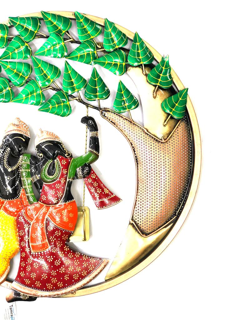 Radha Krishna Jhula Swing In Attractive Shades Round Metal Wall Art By Tamrapatra