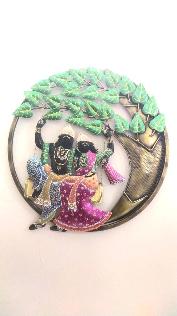 Radha Krishna Jhula Swing In Attractive Shades Round Metal Wall Art By Tamrapatra