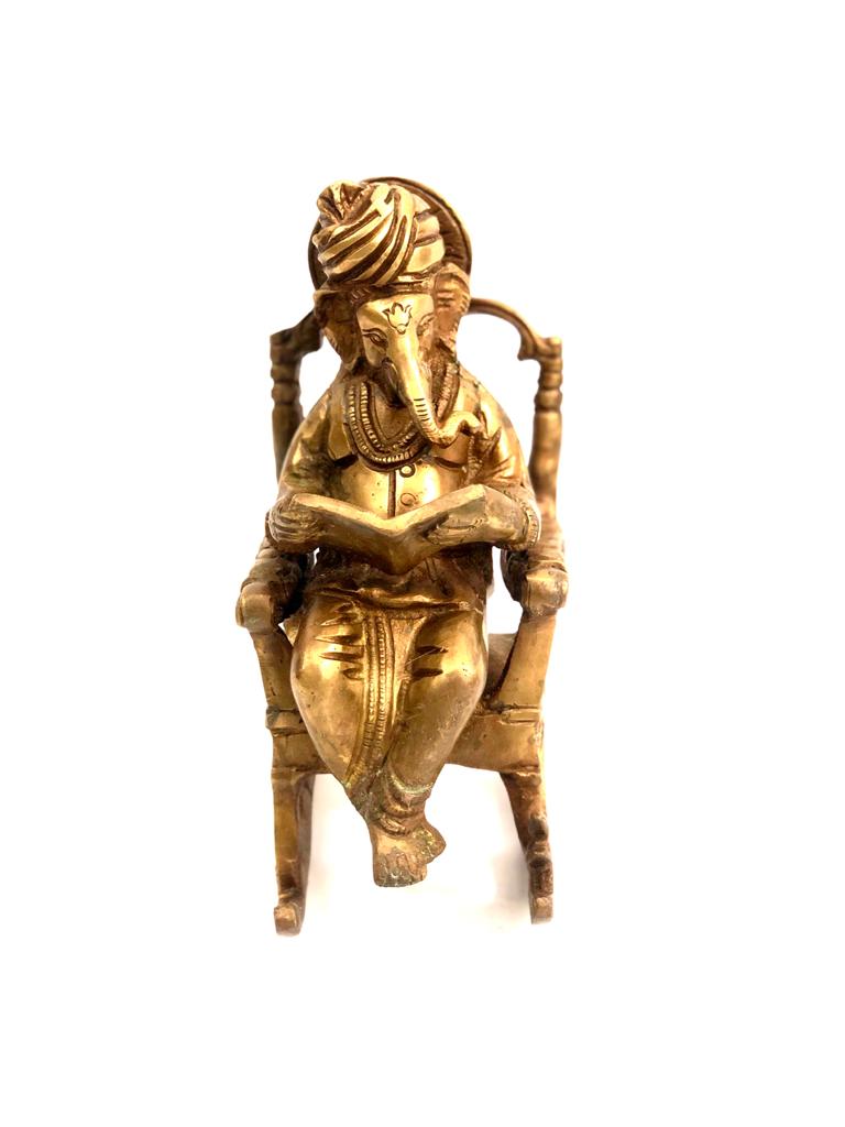 Ganesha Reading Book On Rocking Chair Attractive Brass Art By Tamrapatra