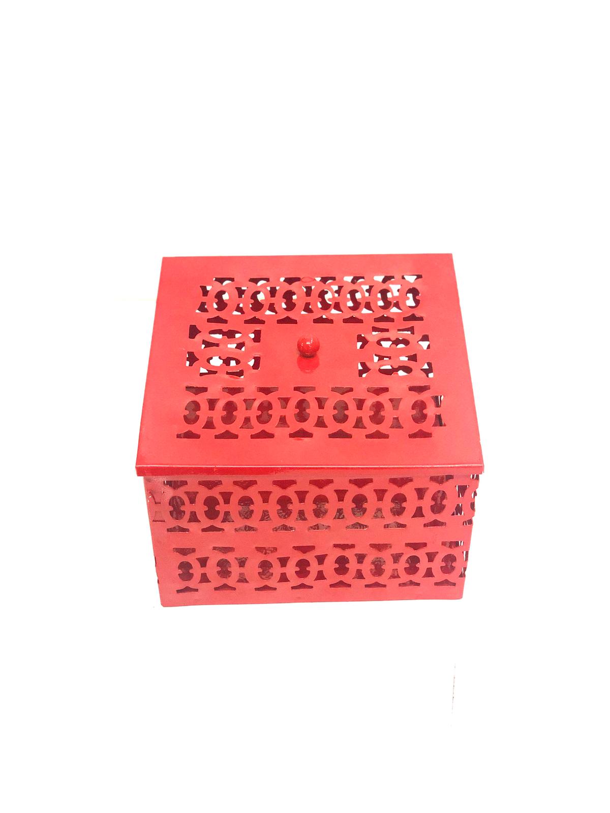 Square Metal Box Storage Jars Carving Handcrafted In India From Tamrapatra