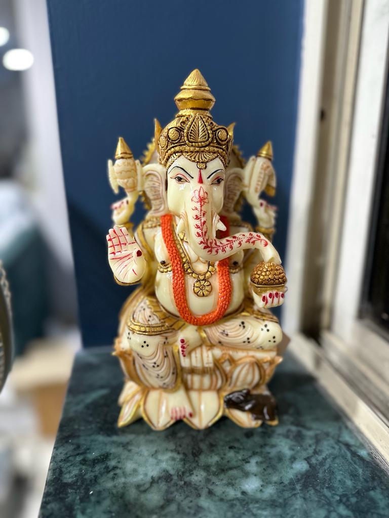 Resin Ganesh Sitting On Lotus New Designs Hand Painted Ivory Finish Tamrapatra