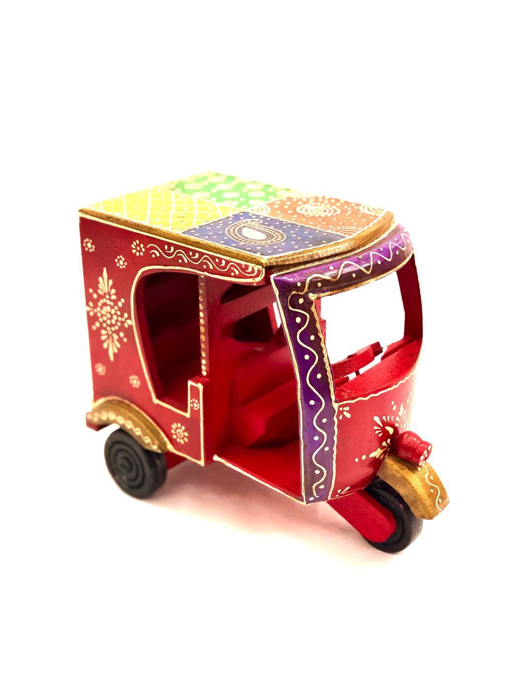 HandPainted Wooden Auto Rickshaw Indian Transport Vehicle Tamrapatra - Tanariri Hastakala