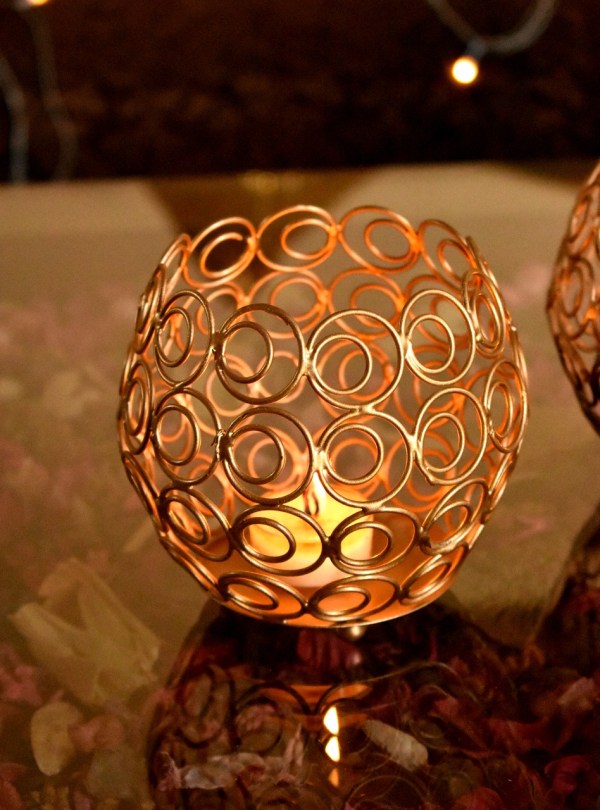 Classic Gold Votive Tea Light Holders With Color Glass Handcrafted By Tamrapatra - Tamrapatra