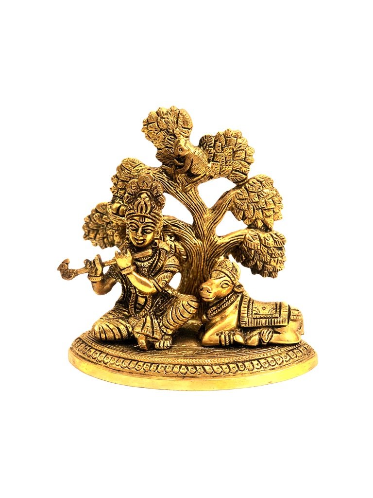 Brass Lord Krishna Playing Flute Under Tree With Cow Artifacts By Tamrapatra
