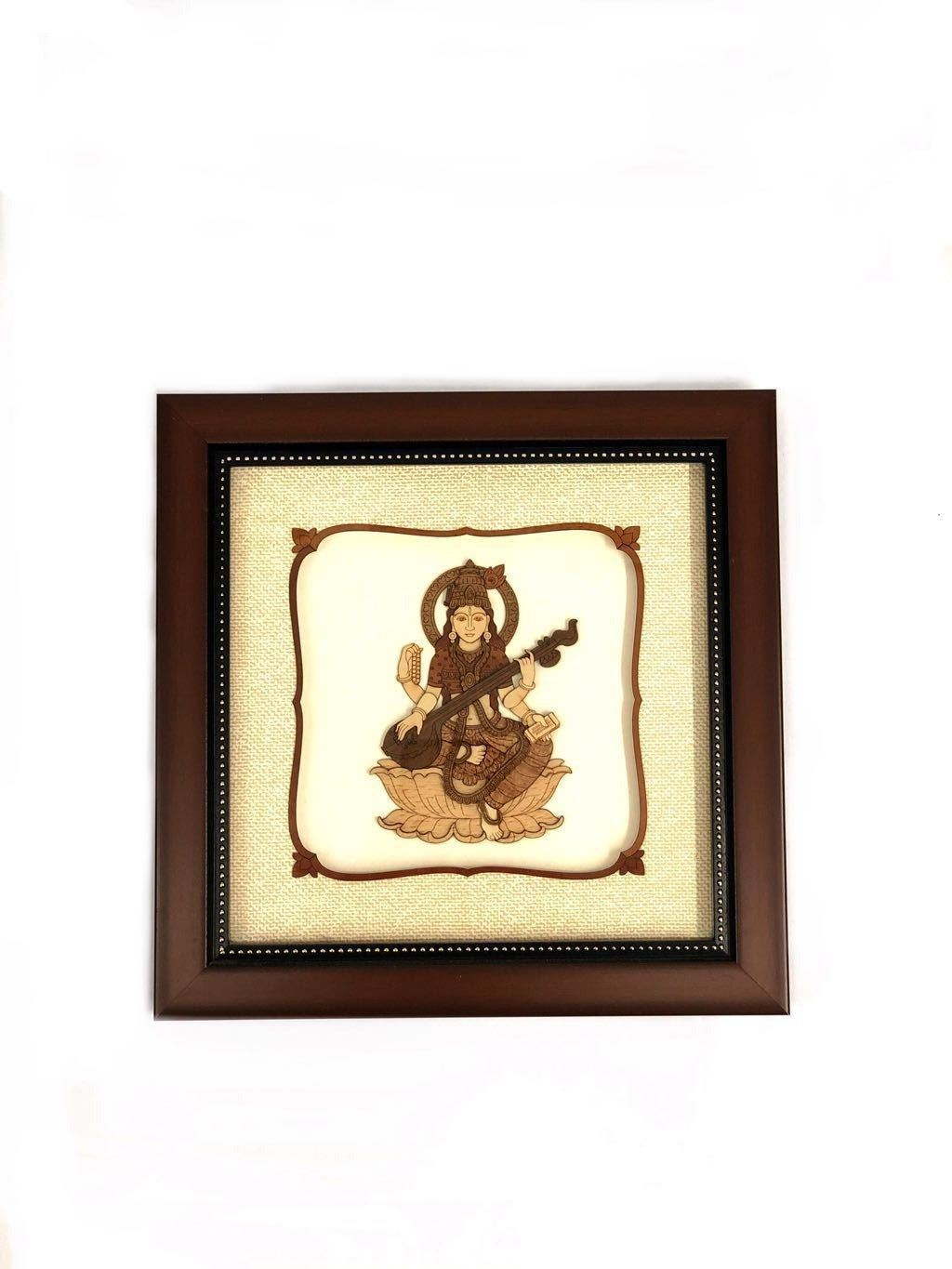 Hindu Goddess Saraswati In Natural Wooden Art 3D Handmade Frames Tamrapatra