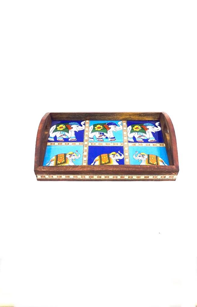 Premium Mango Wood Tray Blue Pottery Tiles Combined By Tamrapatra - Tamrapatra