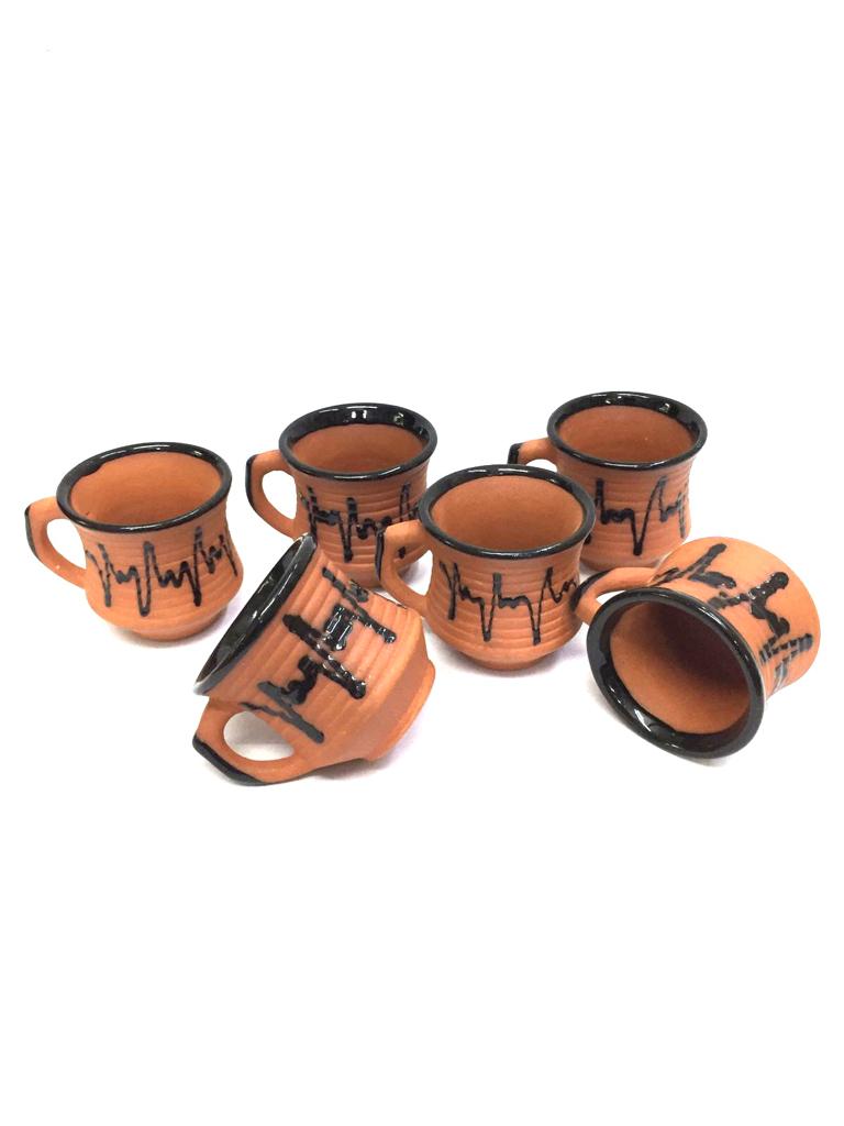 Line Cups Set Of 6 Plain & Glazed Serve Refreshments Earthenware Tamrapatra