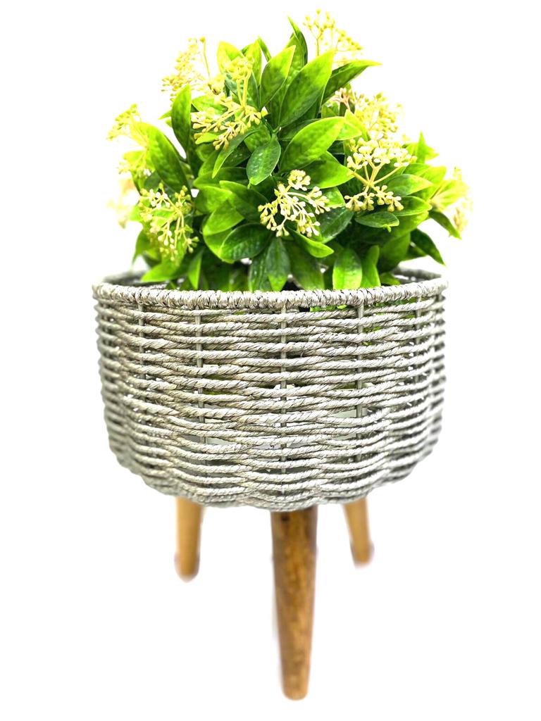 Unique Tripod Metal & Jute Planter On Wooden Stand Silver Shade Tamrapatra