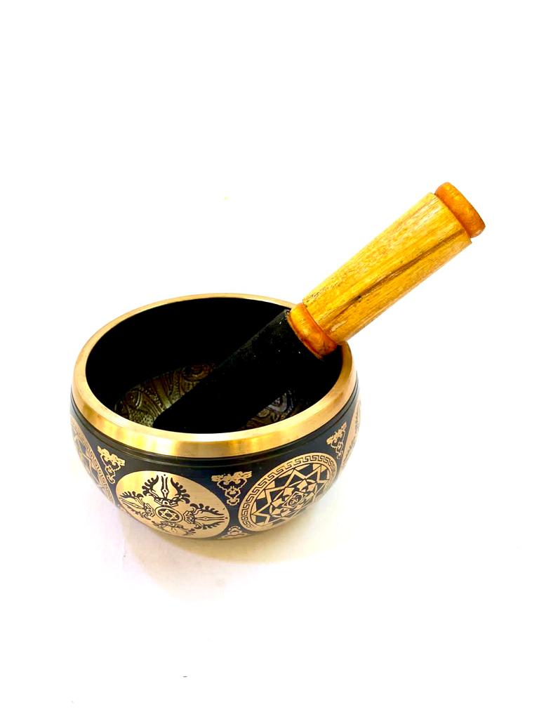 Brass Singing Bowl With Buddha Carving Inside Classic Black Designs By Tamrapatra