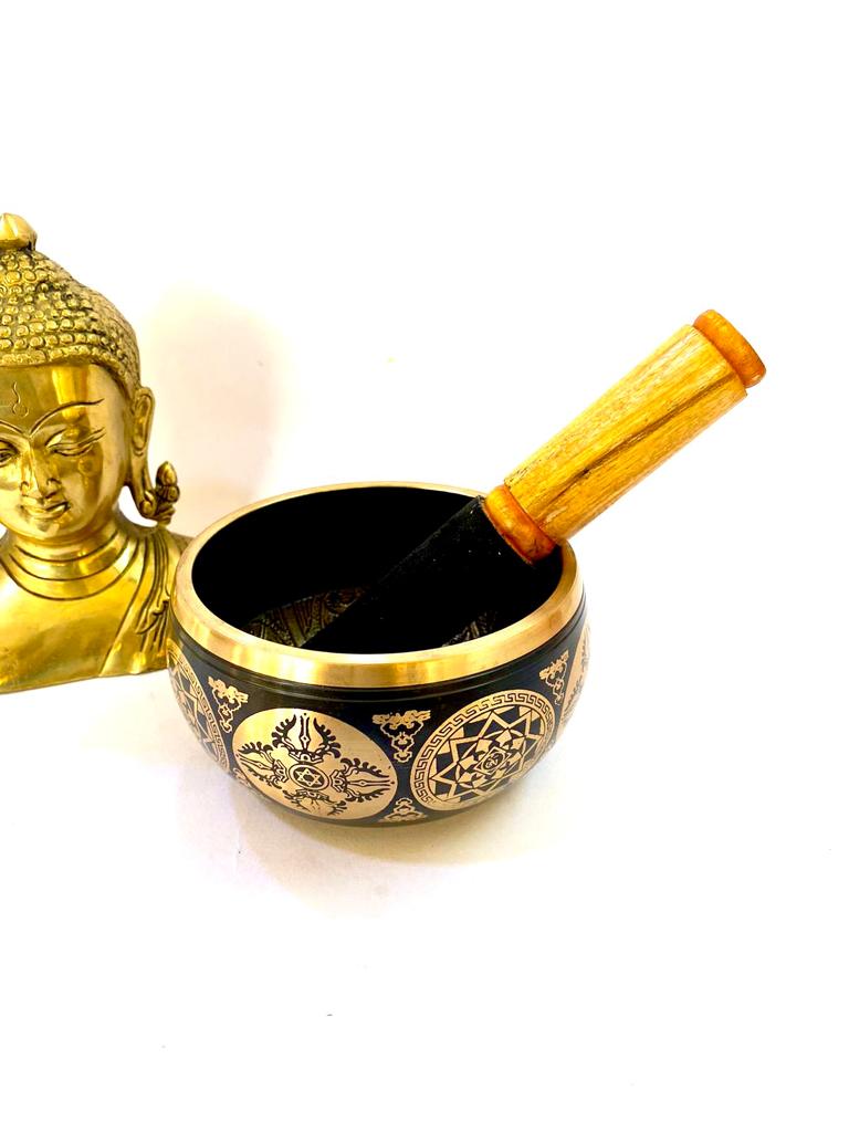 Brass Singing Bowl With Buddha Carving Inside Classic Black Designs By Tamrapatra