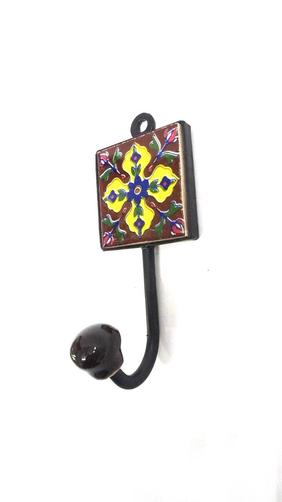 Brown Colored Blue Pottery Tiles Fitted On Metal Single Hook From Tamrapatra