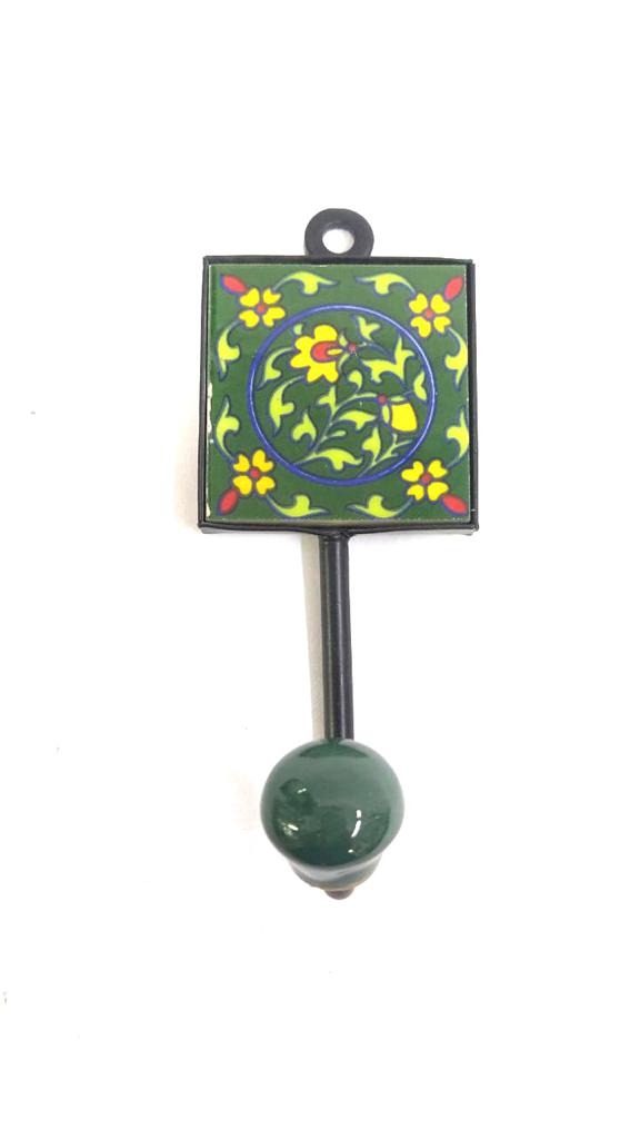 Green Colored Blue Pottery Tiles Single Hook Multipurpose Hanging By Tamrapatra