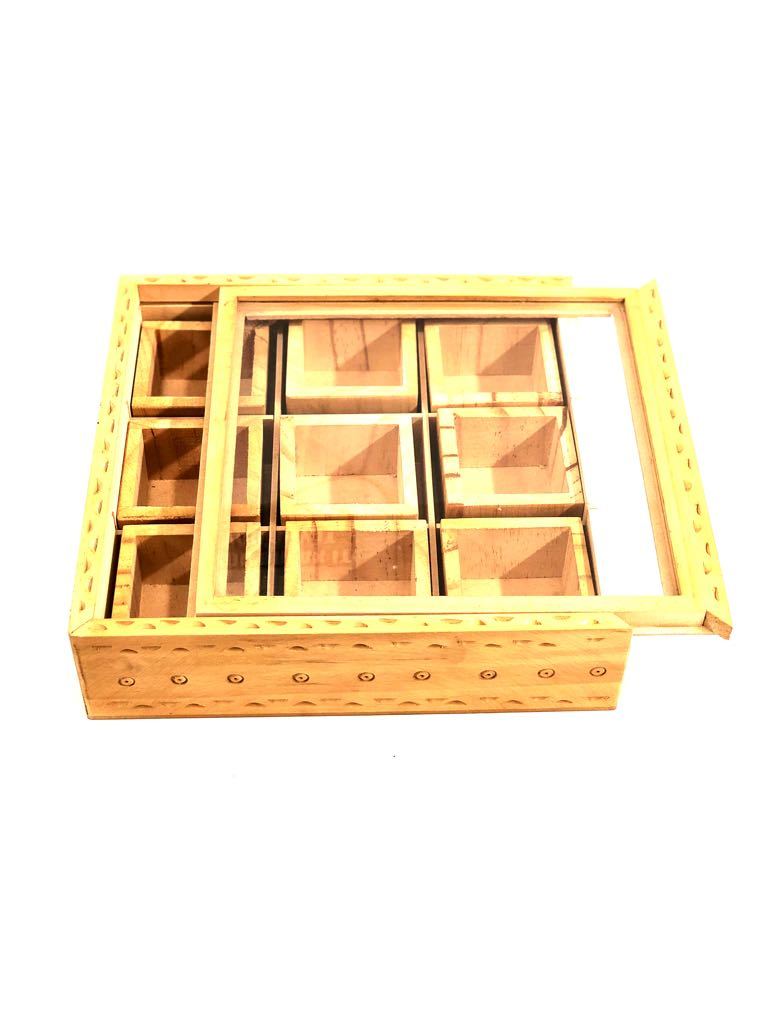 Classic Wooden Finish Spice Box With Slide Through Lid Exporter Tamrapatra