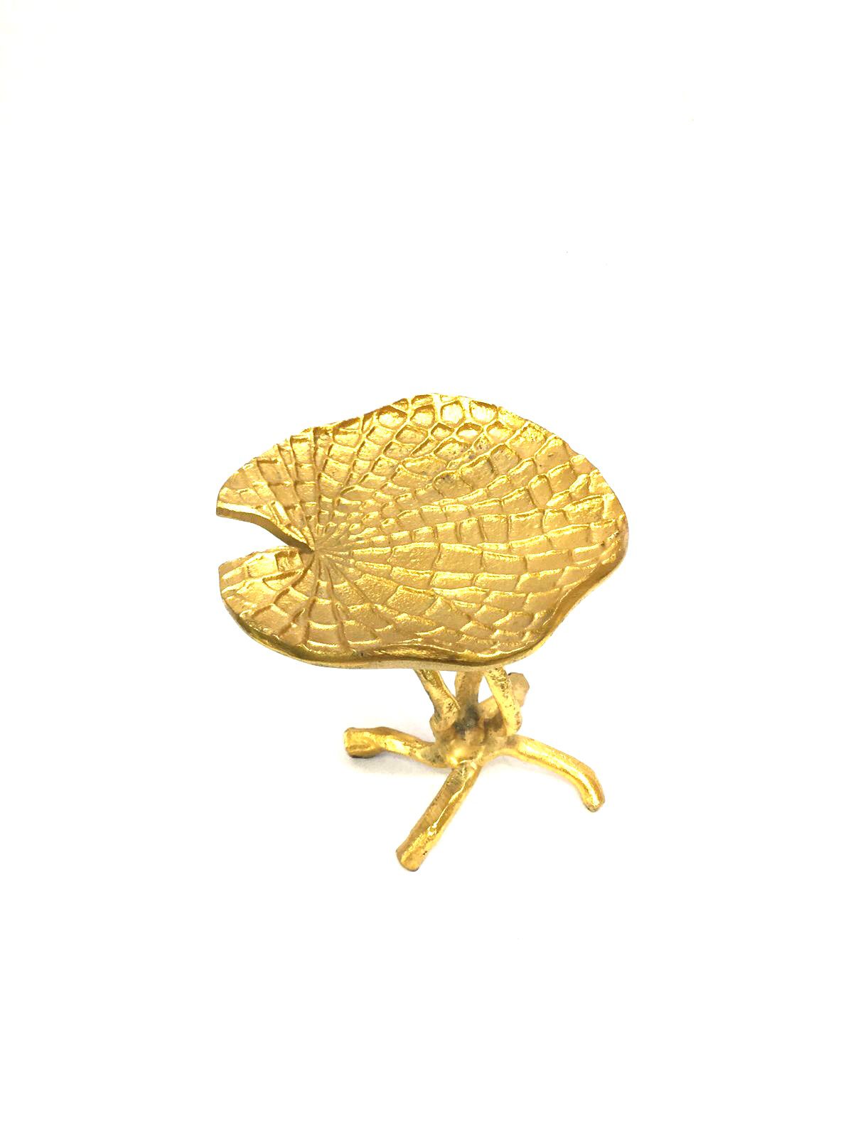 Metal Leaf Theme Lotus On Stem Attractive Platters Gold Color From Tamrapatra