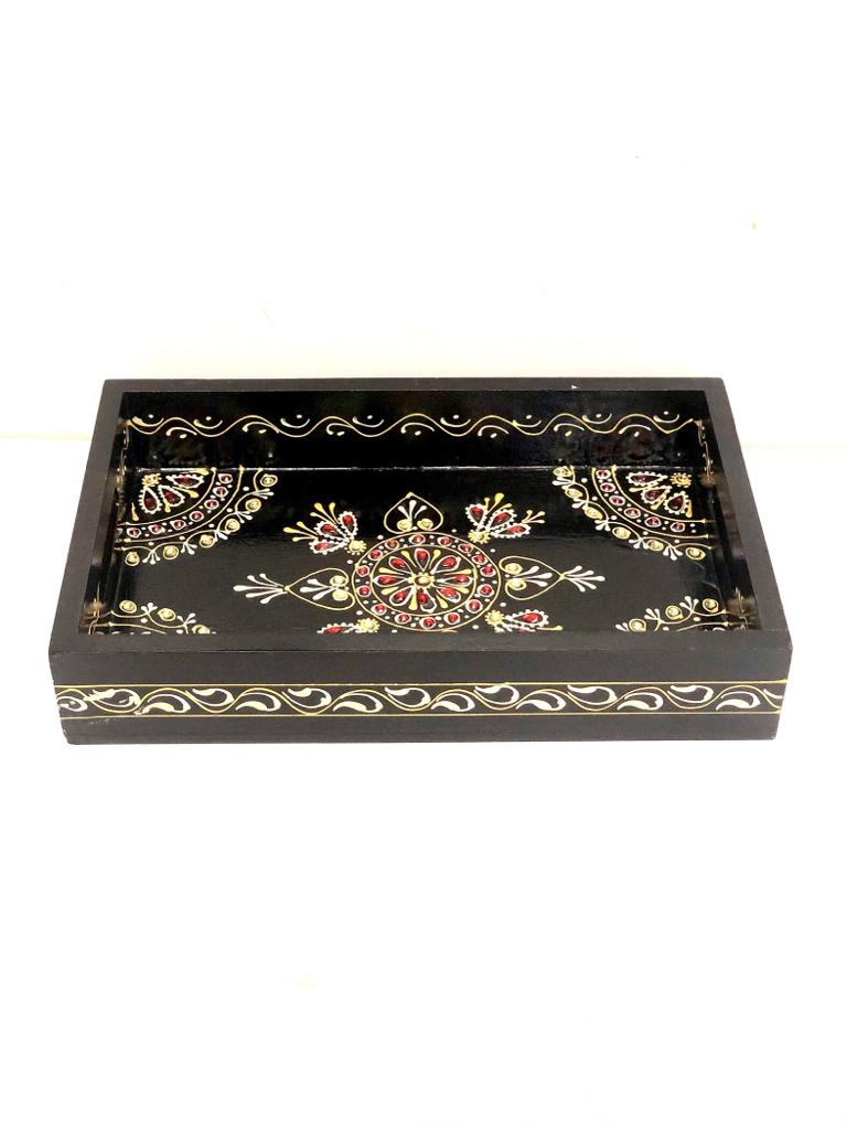Black Traditional Tray With Kundan work Handcrafted In India From Tamrapatra