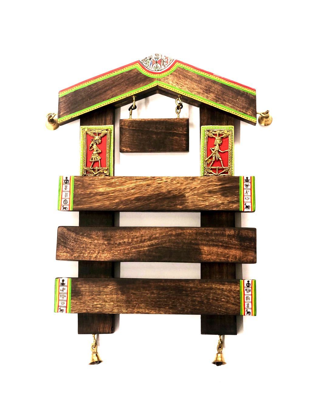 Unique Hut Shaped Wooden Name Plate With Bells HandPainted Tamrapatra - Tamrapatra