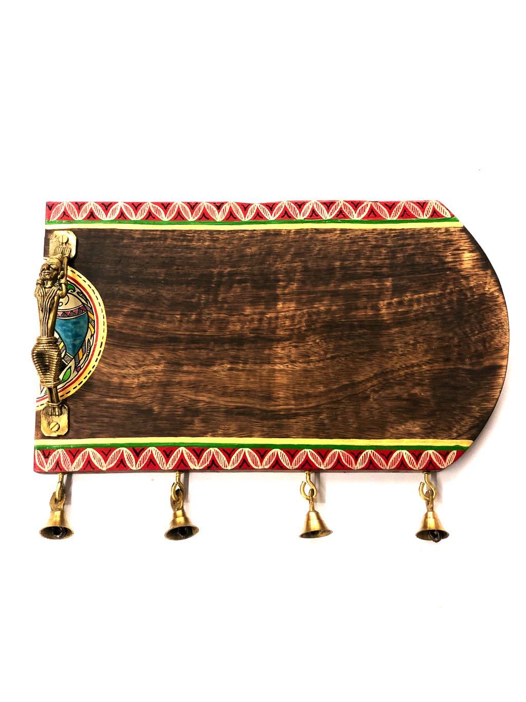 HandPainted Wooden Name Plate With Brass Figures & Bells Tamrapatra - Tamrapatra