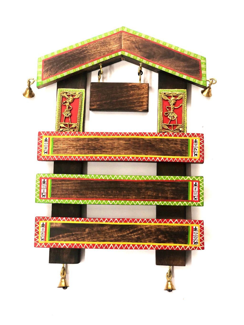 Unique Hut Shaped Wooden Name Plate With Bells HandPainted Tamrapatra - Tamrapatra