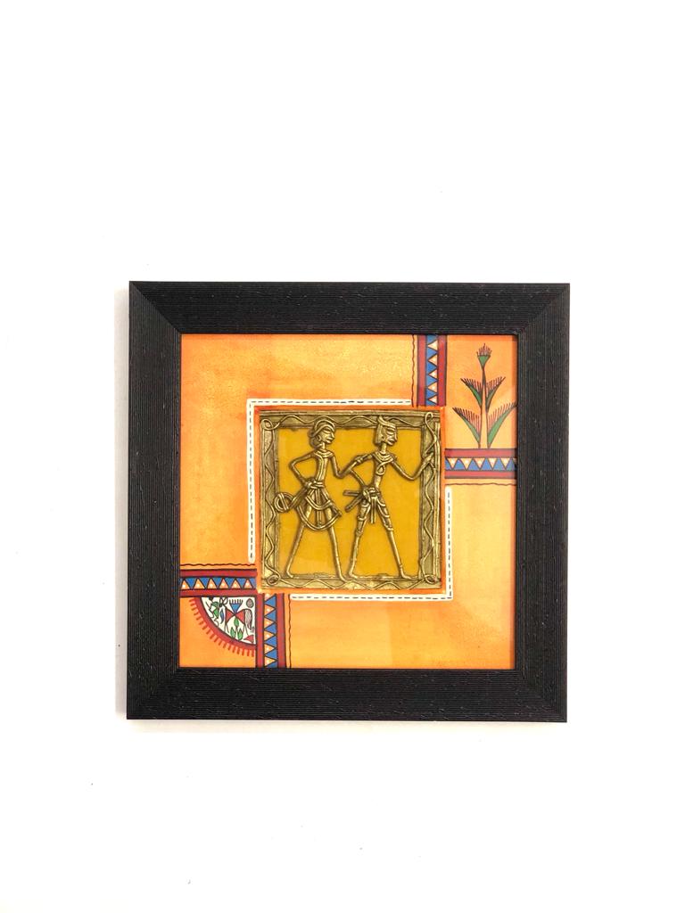 Tangerine Orange 2 Dhokra Figure In Classy Black Frame Wall Hangings Tamrapatra